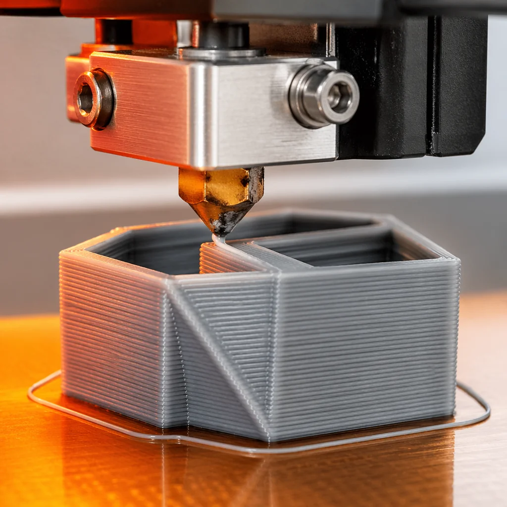 FDM 3D printing process showing layer by layer extrusion