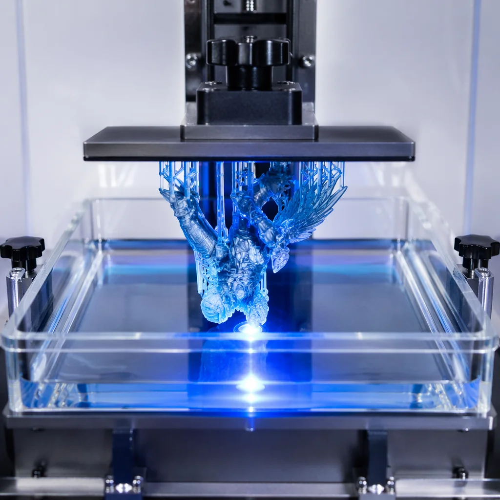 SLA 3D printing process showing UV curing